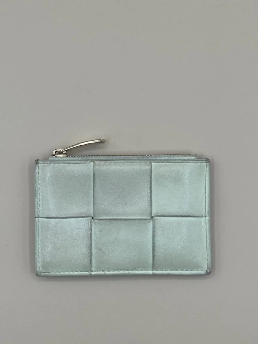 Bottega Veneta Intrecciato Zip Card Case Mint Green Woven Leather Key Ring Coin
